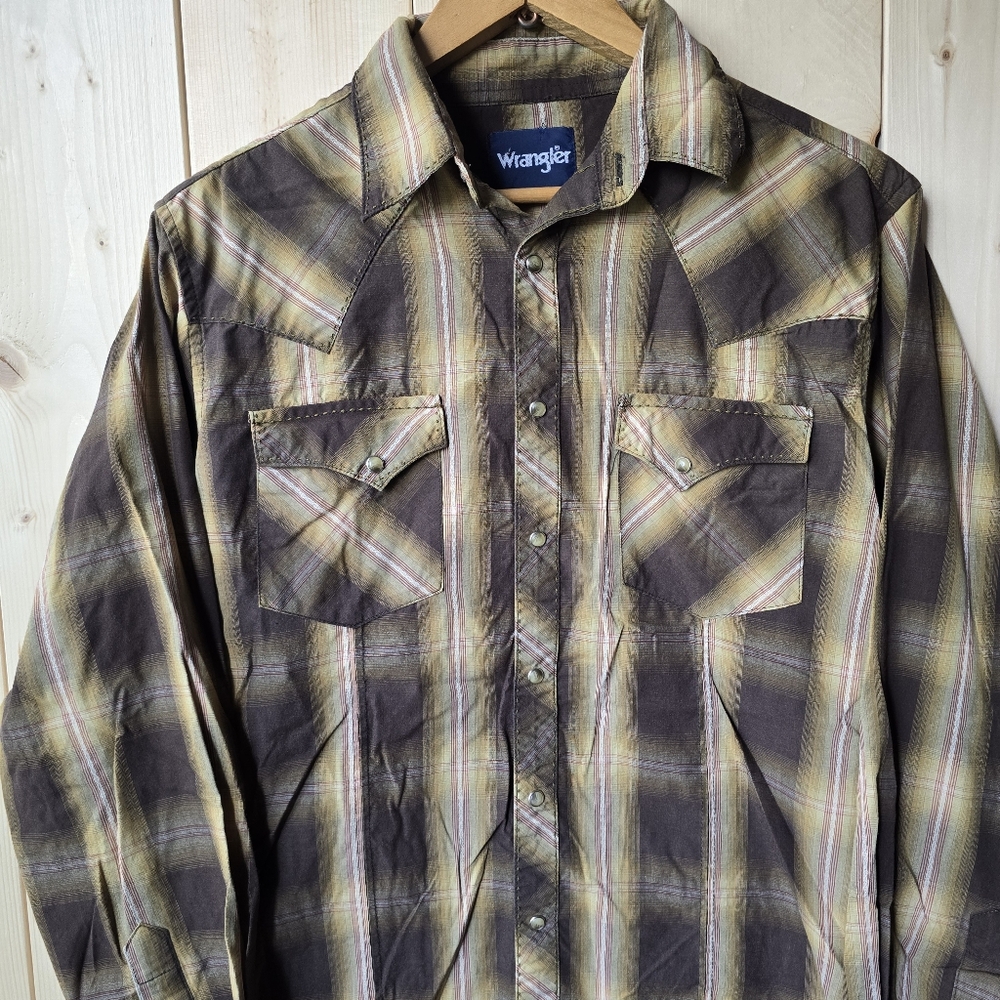 Wrangler Western Long Sleeve Pearl Snap Button Up Plaid Shirt Mens - Picture 2 of 8